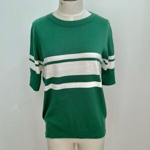 Green and White Striped  Women's Short Sleeved Sweater